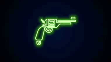 Parlayan neon hattı Revolver silah ikonu siyah arkaplanda izole edildi. 4K Video hareketli grafik canlandırması