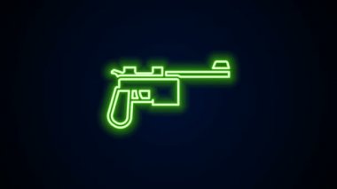 Parlayan neon hattı Mauser silahı simgesi siyah arkaplanda izole edildi. Mauser C96 yarı otomatik bir tabanca. 4K Video hareketli grafik canlandırması