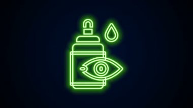 Parlayan neon hattı göz damlası ikonu siyah arka planda izole edildi. 4K Video hareketli grafik canlandırması