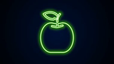 Parlayan neon çizgisi Apple simgesi siyah arkaplanda izole edildi. Yaprak sembollü meyve. 4K Video hareketli grafik canlandırması