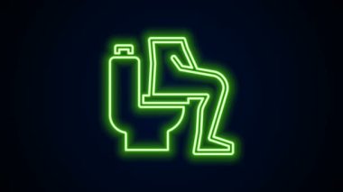 Parlayan neon hattı tuvalette oturan erkekler ve kabızlık siyah arka planda izole edilmiş şiddetli karın ağrısı ikonu yaşıyorlar. 4K Video hareketli grafik canlandırması