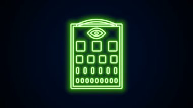 Parlayan neon çizgisi göz testi simgesi siyah arkaplanda izole edildi. Optalmik çalışmada görme testi için bir poster. Snellen çizelgesi. 4K Video hareketli grafik canlandırması