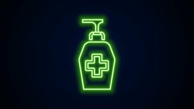Parlayan neon hattı siyah arkaplanda izole edilmiş sıvı antibakteriyel sabun. Antiseptik. Dezenfeksiyon, hijyen, cilt bakımı. 4K Video hareketli grafik canlandırması