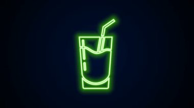Parlayan neon hattı siyah arka planda izole edilmiş kokteyl ve alkol ikonu. 4K Video hareketli grafik canlandırması