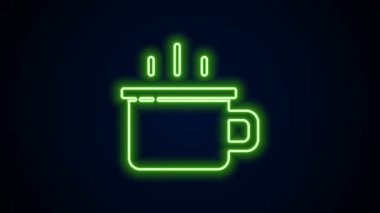 Parlayan neon hattı kahve fincanı simgesi siyah arka planda izole edilmiş. Çay fincanı. Sıcak içecek kahvesi. 4K Video hareketli grafik canlandırması