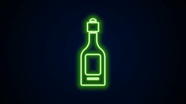 Parlayan neon hattı, siyah arka planda izole edilmiş şampanya şişesi ikonu. 4K Video hareketli grafik canlandırması