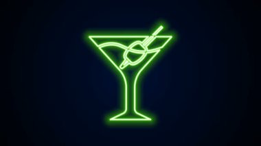 Parlayan neon hattı Martini cam ikonu siyah arka planda izole edildi. Kokteyl ikonu. Şarap kadehi ikonu. 4K Video hareketli grafik canlandırması