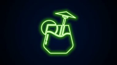 Parlak neon hattı. Siyah arka planda şemsiye ikonu olan kokteyl ve alkol içeceği. 4K Video hareketli grafik canlandırması