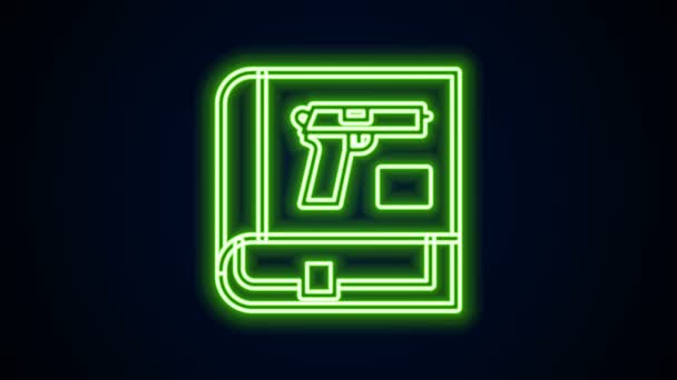 Glowing neon line Book with pistol or gun icon isolated on black background. Police or military handgun. Small firearm. Weapon catalog. 4K Video motion graphic animation — Stock Video