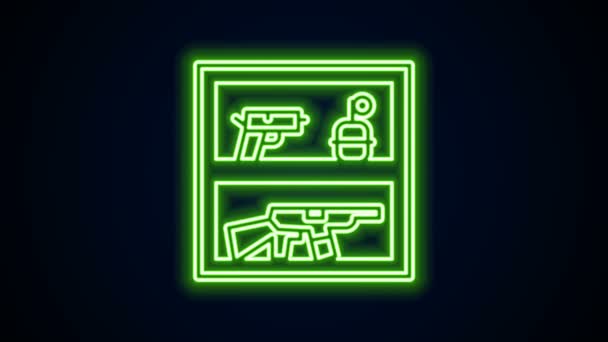 Glödande neon line Jakt butik med gevär och vapen ikon isolerad på svart bakgrund. Stormarknad eller butik med vapenutrustning. 4K Video motion grafisk animation — Stockvideo