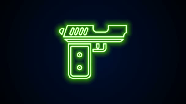 Luminoso neon linea Pistola o pistola icona isolata su sfondo nero. Polizia o pistola militare. Piccola arma da fuoco. Animazione grafica 4K Video motion — Video Stock