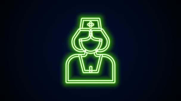Glödande neon line sjuksköterska ikon isolerad på svart bakgrund. Medicin och hälsovård. Glad dag för internationella sjuksköterskor. 4K Video motion grafisk animation — Stockvideo