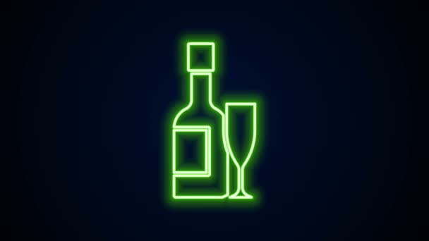 发亮的霓虹灯系列香槟瓶子和玻璃杯香槟图标隔离在黑色的背景。圣诞快乐，新年快乐。4K视频运动图形动画 — 图库视频影像