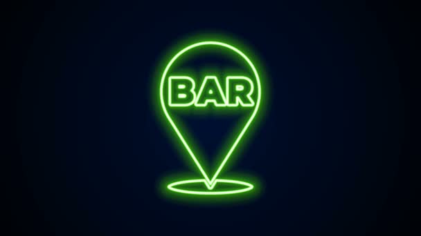 Linha de néon brilhante Ícone de localização de bar de álcool ou cerveja isolado no fundo preto. Símbolo de beber, pub, clube, bar. Animação gráfica em movimento de vídeo 4K — Vídeo de Stock