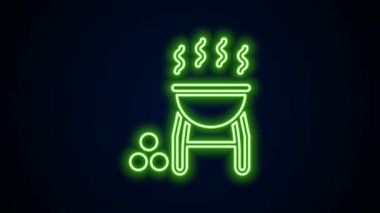 Parlayan neon hattı ızgara ikonu siyah arkaplanda izole edildi. Barbekü ızgara partisi. 4K Video hareketli grafik canlandırması