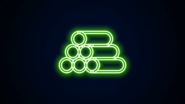 Parlayan neon hattı tahta kütük simgesi siyah arkaplanda izole edildi. Yakacak odun yığını. 4K Video hareketli grafik canlandırması
