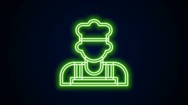 Parlayan neon hattı Cook simgesi siyah arkaplanda izole edildi. Şef sembolü. 4K Video hareketli grafik canlandırması