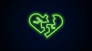 Parlayan neon hattı. Kırık kalp ya da boşanma ikonu. Siyah arka planda izole edilmiş. Aşk sembolü. Sevgililer Günü. 4K Video hareketli grafik canlandırması