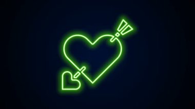 Siyah zemin üzerinde izole edilmiş kalp ve ok ikonu olan parlak neon çizgi Amour sembolü. Aşk işareti. Sevgililer Günü sembolü. 4K Video hareketli grafik canlandırması
