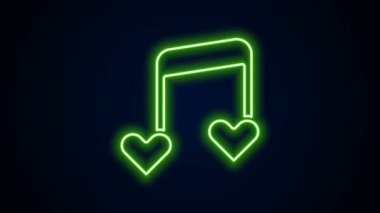 Parlayan neon çizgisi Müzik notası, siyah arkaplanda izole edilmiş kalp simgesi olan ton. Sevgililer Günü. 4K Video hareketli grafik canlandırması
