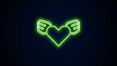 Siyah zemin üzerinde kanat simgesi olan parlak neon çizgili kalp. Aşk sembolü. Sevgililer Günü. 4K Video hareketli grafik canlandırması