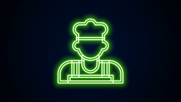 Linha de néon brilhante ícone Cook isolado no fundo preto. Símbolo do chefe. Animação gráfica em movimento de vídeo 4K — Vídeo de Stock