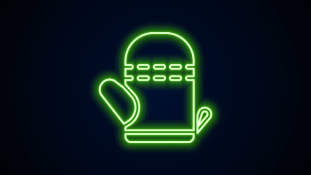 Žhnoucí neonová čára Trouby rukavice ikona izolované na černém pozadí. Značka nosič nádobí. Vařící rukavice. Grafická animace pohybu videa 4K — Stock video