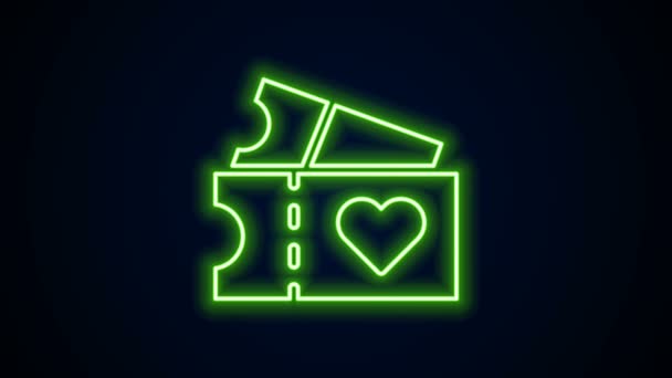 ネオンラインの輝き黒の背景に隔離された愛のチケットアイコン。バレンタインデーのサイン。夫婦関係のシンボル。4Kビデオモーショングラフィックアニメーション — ストック動画