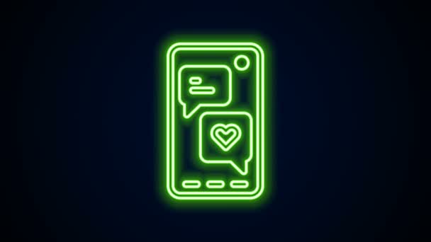 Повітря неонової лінії Смартфона з бульбашкою мовлення серця отримує повідомлення на екрані ікони, ізольовані на чорному тлі. Валентинів день. 4K Відеографічна анімація — стокове відео