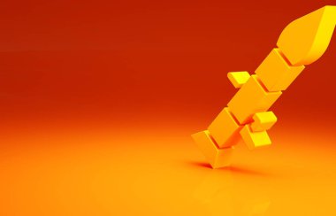 Füze ikonlu sarı roket fırlatıcı turuncu arka planda izole edildi. Minimalizm kavramı. 3d illüstrasyon 3B canlandırma