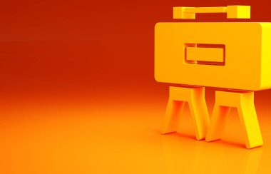 Sarı askeri maden ikonu turuncu arka planda izole edilmiş. Claymore mayın patlayıcısı. Anti-personel mayını. Ordu patlayıcısı. Minimalizm kavramı. 3d illüstrasyon 3B canlandırma