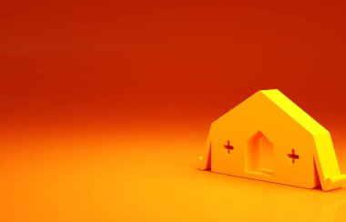 Sarı Askeri tıbbi çadır turuncu arka planda izole edilmiş bir hasta ikonuna ilk yardım sağlıyor. İnsanlara ücretsiz tıbbi çadır yardımı. Minimalizm kavramı. 3d illüstrasyon 3B canlandırma