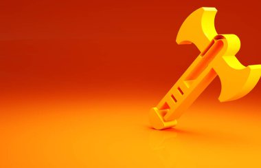 Sarı Savaş baltası ikonu turuncu arka planda izole edilmiş. Savaş baltası, cellat baltası. Ortaçağ silahı. Minimalizm kavramı. 3d illüstrasyon 3B canlandırma