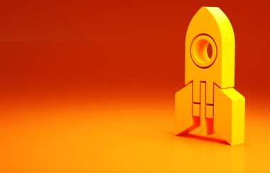 Sarı Roket gemisi ikonu turuncu arka planda izole edildi. Uzay yolculuğu. Minimalizm kavramı. 3d illüstrasyon 3B canlandırma