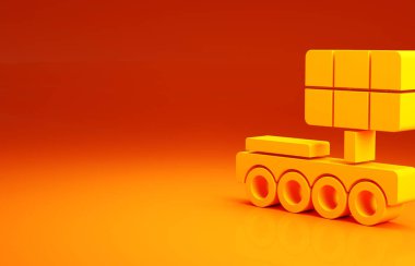 Sarı Mars gezgin ikonu turuncu arka planda izole edildi. Uzay aracı. Ay yürüyüşü işareti. Gezegen yüzeyini incelemek için bir cihaz. Minimalizm kavramı. 3d illüstrasyon 3B canlandırma