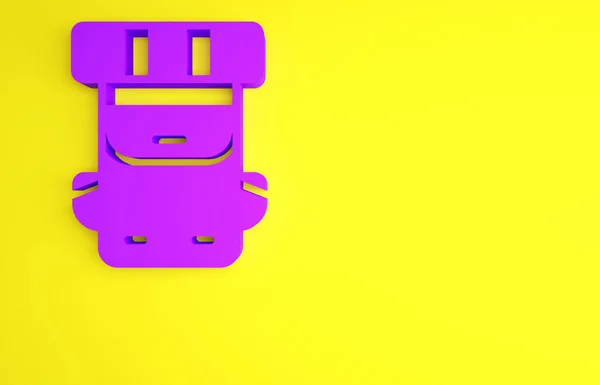 Purple Hiking icono de la mochila aislado sobre fondo amarillo. Camping y montaña explorando mochila. Concepto minimalista. 3D ilustración 3D render — Foto de Stock