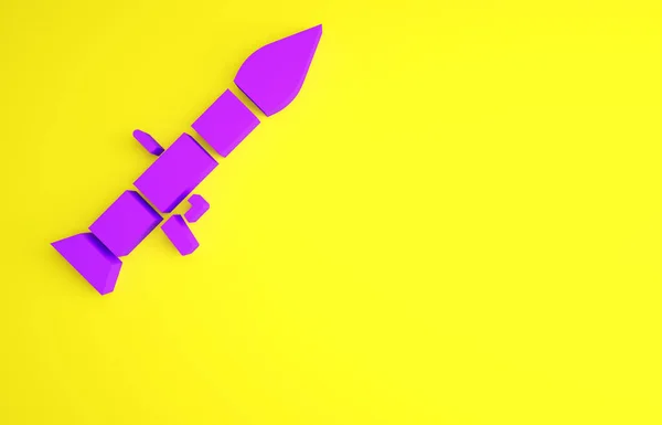 紫色火箭发射器，带有黄色背景的导弹图标。最低纲领的概念。3D渲染3D插图 — 图库照片