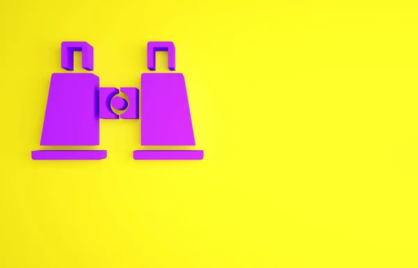 黄色の背景に分離された紫色の双眼鏡アイコン。ソフトウェアの記号を見つける。スパイ装置のシンボルだ。最小限の概念。3Dイラスト3Dレンダリング — ストック写真