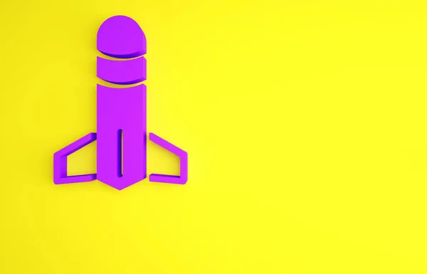 Фиолетовый значок ракеты выделен на желтом фоне. Концепция минимализма. 3D-рендеринг — стоковое фото