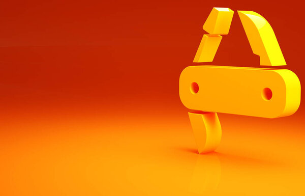 Желтый швейцарский армейский нож значок изолирован на оранжевом фоне. Многофункциональный многофункциональный перочинный нож. Многофункциональный инструмент. Концепция минимализма. 3D-рендеринг