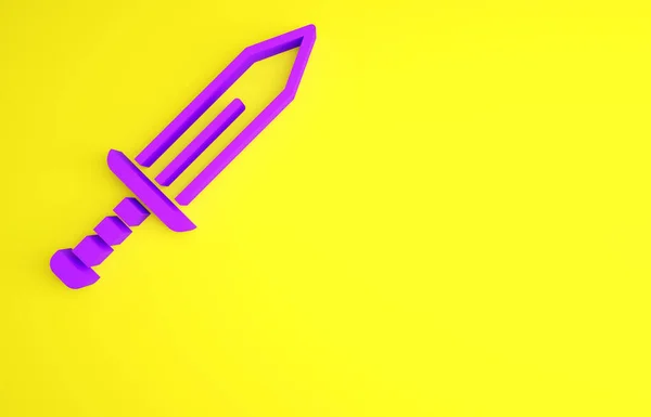 Icono Espada Púrpura aislado sobre fondo amarillo. Arma medieval. Concepto minimalista. 3D ilustración 3D render — Foto de Stock