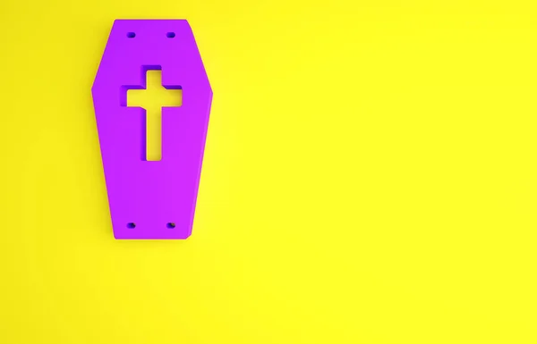 Lila koporsó keresztény kereszt ikon elszigetelt sárga alapon. Boldog Halloween partit! Minimalizmus koncepció. 3d illusztráció 3D render — Stock Fotó