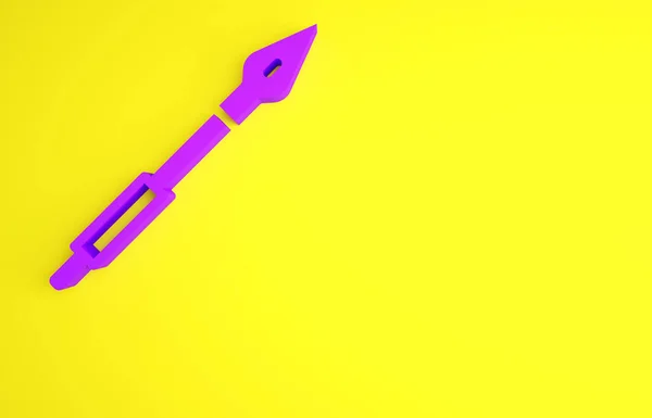 黄色の背景に孤立した紫の中世の槍のアイコン。中世の武器。最小限の概念。3Dイラスト3Dレンダリング — ストック写真