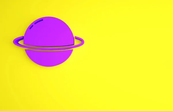 Μωβ πλανήτης Κρόνος με εικονίδιο πλανητικού δακτυλίου απομονωμένο σε κίτρινο φόντο. Μινιμαλιστική έννοια. 3d απεικόνιση 3D καθιστούν — Φωτογραφία Αρχείου