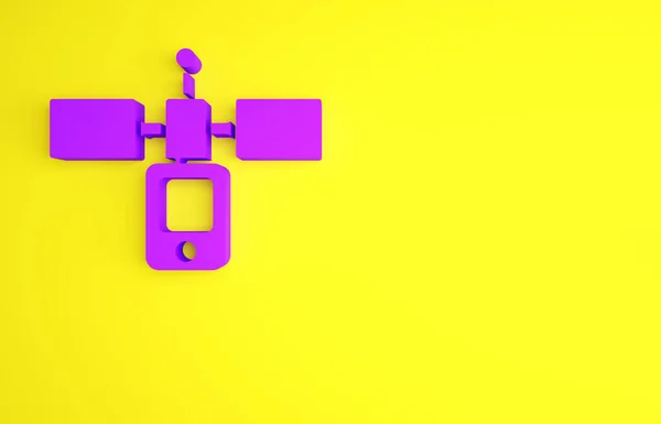 Фиолетовый значок спутника выделен на желтом фоне. Концепция минимализма. 3D-рендеринг — стоковое фото