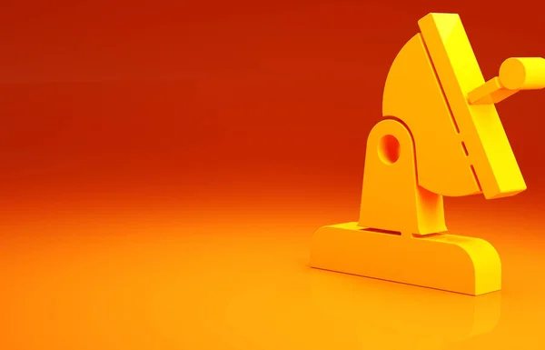 Icono parabólica amarilla aislado sobre fondo naranja. Antena de radio, astronomía e investigación espacial. Concepto minimalista. 3D ilustración 3D render —  Fotos de Stock