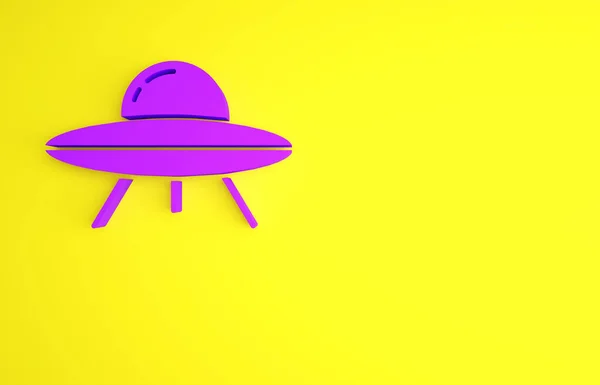 Purple UFO flying spaceship icon isolated on yellow background. Flying saucer. Alien space ship. Futuristic unknown flying object. Minimalism concept. 3d illustration 3D render — Stock Photo, Image