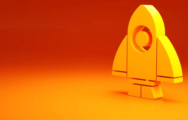 Ícone de navio foguete amarelo isolado no fundo laranja. Viagem espacial. Conceito de minimalismo. 3D ilustração 3D render — Fotografia de Stock