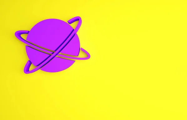 Фиолетовые искусственные спутники, вращающиеся вокруг планеты Земля в космосе, изолированы на жёлтом фоне. Коммуникация, навигация. Концепция минимализма. 3D-рендеринг — стоковое фото