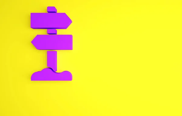 Lila Verkehrszeichen. Wegweiser-Symbol isoliert auf gelbem Hintergrund. Zeigersymbol. Straßeninformationsschild. Wegweiser. Minimalismus-Konzept. 3D Illustration 3D Renderer — Stockfoto